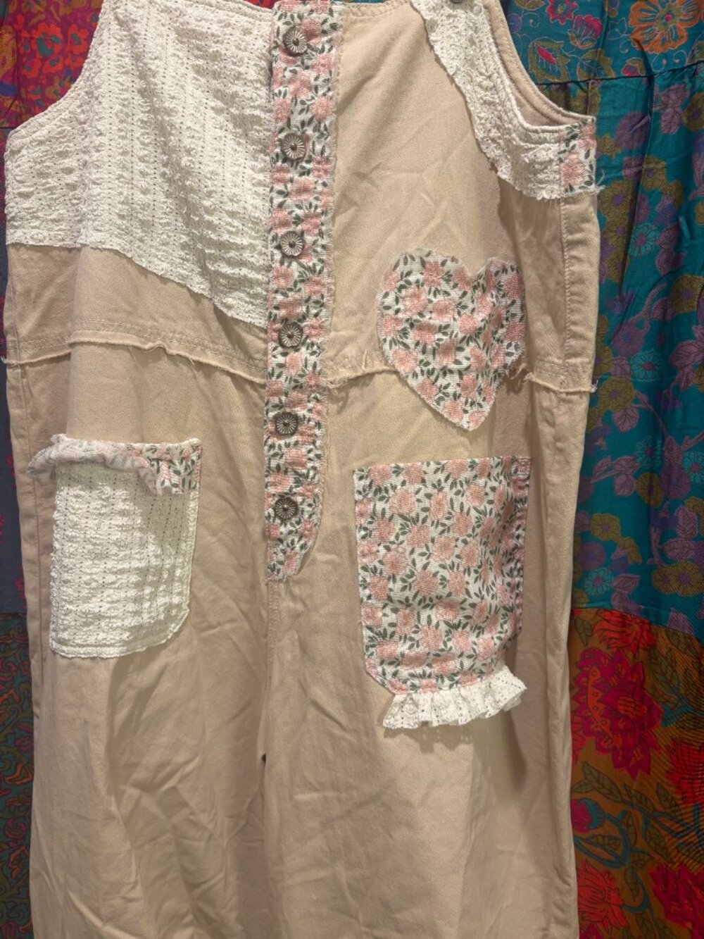 POL size Medium Light Tan Patchwork Overalls - Picture 9 of 9